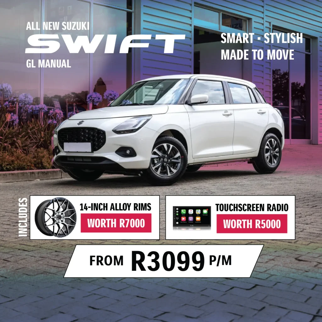 Suzuki Swift offer: from R3 099 per month, free 14" alloy wheels and a touchscreen radio